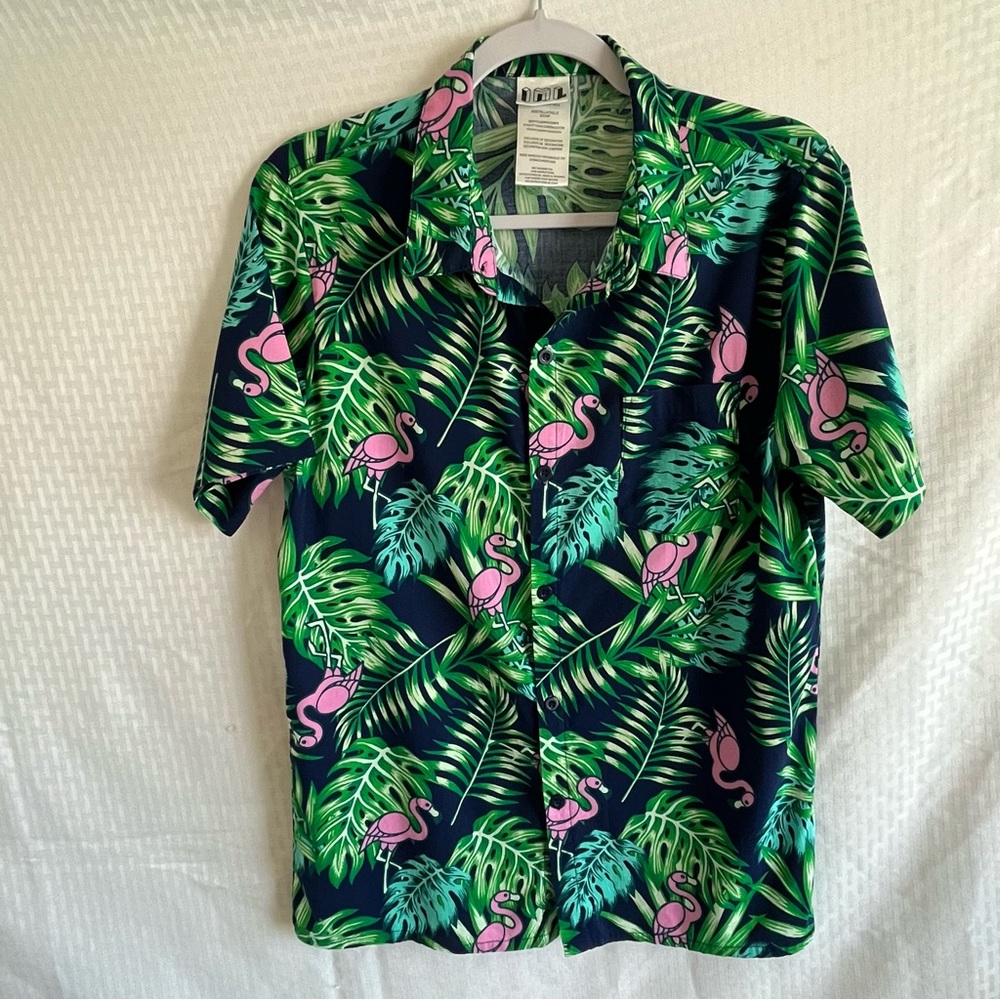 Men’s IML Hawaiian Tropical Flamingo ButtonUp Short Sleeve Shirt Blue Pink Small